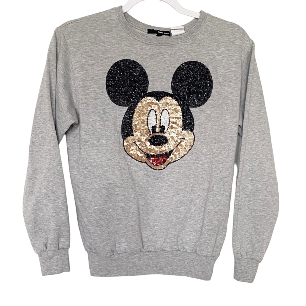 Disney x Tally Weijl Mickey Mouse Sequin Embellished Pullover Sweatshirt Gray XS